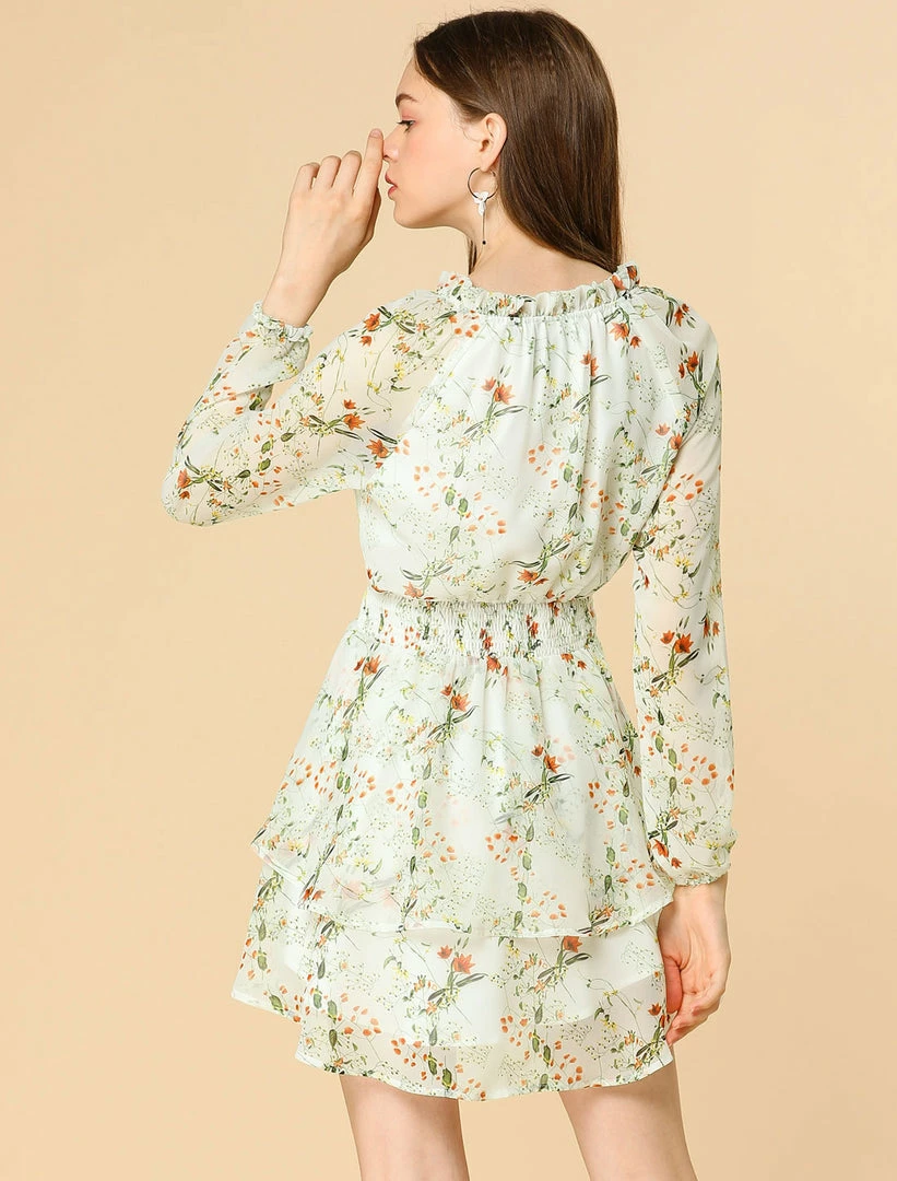 Allegra K Floral Printed Ruffled Tie V Neck Smocked Waist Dress 48 Allegra K Floral Printed Ruffled Tie V Neck Smocked Waist Dress