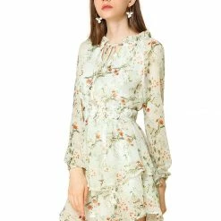 Allegra K Floral Printed Ruffled Tie V Neck Smocked Waist Dress 134 Allegra K Floral Printed Ruffled Tie V Neck Smocked Waist Dress