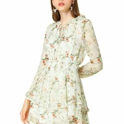 Allegra K Floral Printed Ruffled Tie V Neck Smocked Waist Dress 130 Allegra K Floral Printed Ruffled Tie V Neck Smocked Waist Dress