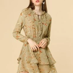 Allegra K Floral Printed Ruffled Tie V Neck Smocked Waist Dress 143 Allegra K Floral Printed Ruffled Tie V Neck Smocked Waist Dress