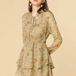 Allegra K Floral Printed Ruffled Tie V Neck Smocked Waist Dress 144 Allegra K Floral Printed Ruffled Tie V Neck Smocked Waist Dress