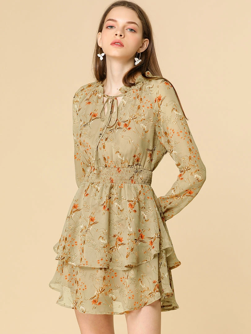 Allegra K Floral Printed Ruffled Tie V Neck Smocked Waist Dress 60 Allegra K Floral Printed Ruffled Tie V Neck Smocked Waist Dress