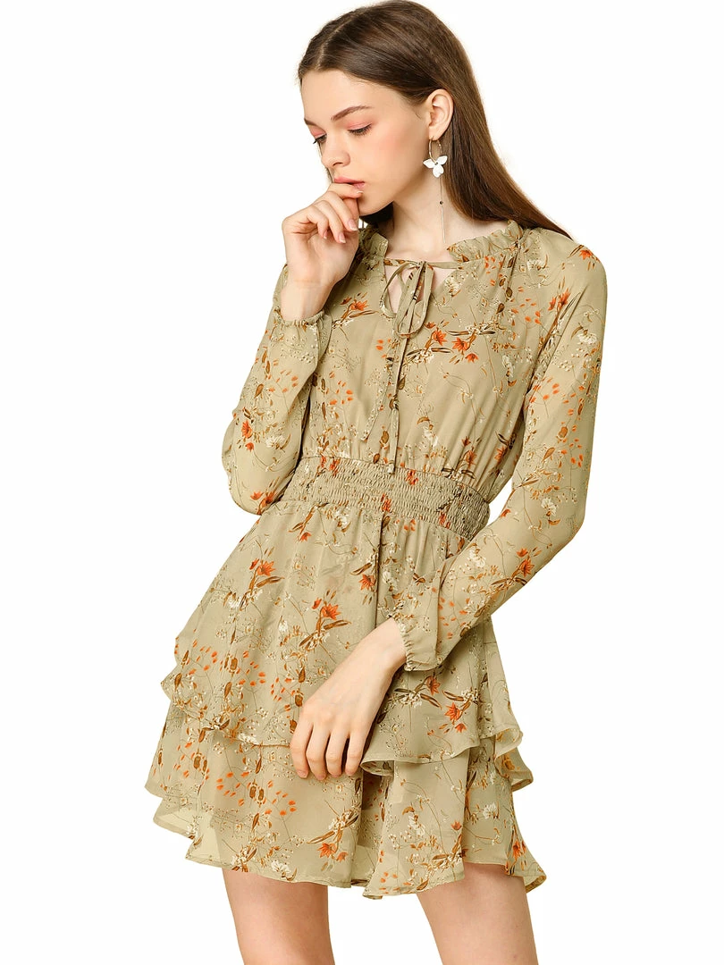 Allegra K Floral Printed Ruffled Tie V Neck Smocked Waist Dress 58 Allegra K Floral Printed Ruffled Tie V Neck Smocked Waist Dress