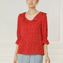 Women Allegra K Ruffle Lapel Collar Heart Print Elbow Sleeve Button Down Shirt