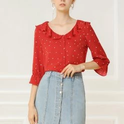 Women Allegra K Ruffle Lapel Collar Heart Print Elbow Sleeve Button Down Shirt