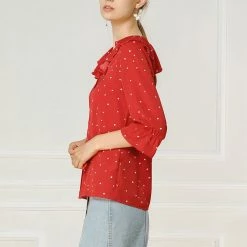 Women Allegra K Ruffle Lapel Collar Heart Print Elbow Sleeve Button Down Shirt