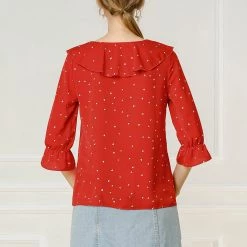 Women Allegra K Ruffle Lapel Collar Heart Print Elbow Sleeve Button Down Shirt