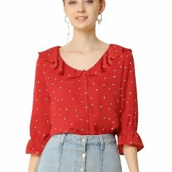 Women Allegra K Ruffle Lapel Collar Heart Print Elbow Sleeve Button Down Shirt