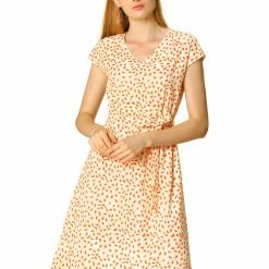 Allegra K Women's V Neck Printed Belted A-line Dress