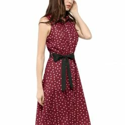 Allegra K Sleeveless Polka Dot Midi Shirt Dress Women