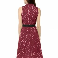 Allegra K Sleeveless Polka Dot Midi Shirt Dress Women