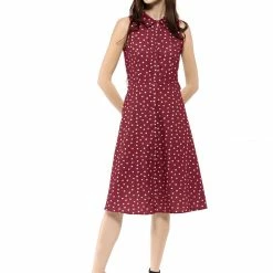 Allegra K Sleeveless Polka Dot Midi Shirt Dress Women