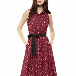 Allegra K Sleeveless Polka Dot Midi Shirt Dress Women