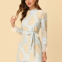 Allegra K Ruffle Crew Neck Crochet Floral Lace Dress