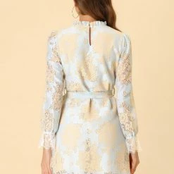 Allegra K Ruffle Crew Neck Crochet Floral Lace Dress