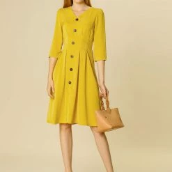 Allegra K Women's Three Quarter Sleeve Pleated Swing Casual A-line Dress