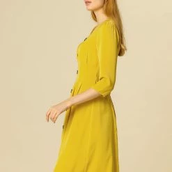 Allegra K Women's Three Quarter Sleeve Pleated Swing Casual A-line Dress