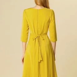 Allegra K Women's Three Quarter Sleeve Pleated Swing Casual A-line Dress