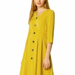 Allegra K Women's Three Quarter Sleeve Pleated Swing Casual A-line Dress