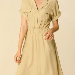 Women Allegra K Four Pockets Shirt Dress With Notched Lapel In Khaki