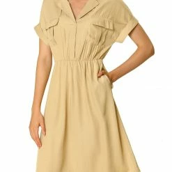 Women Allegra K Four Pockets Shirt Dress With Notched Lapel In Khaki