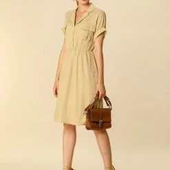 Women Allegra K Four Pockets Shirt Dress With Notched Lapel In Khaki