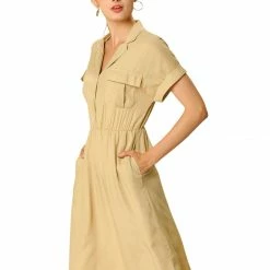 Women Allegra K Four Pockets Shirt Dress With Notched Lapel In Khaki