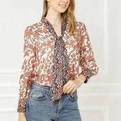 Allegra K Boho Floral Printed Shirts V Neck Pussy-Bow Blouse Top Women