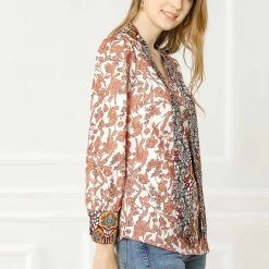 Allegra K Boho Floral Printed Shirts V Neck Pussy-Bow Blouse Top Women