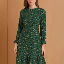 Women Allegra K Leopard Keyhole Neck Long Sleeve Dress