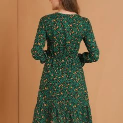 Women Allegra K Leopard Keyhole Neck Long Sleeve Dress