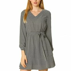 Allegra K V-neck Ruffle Hem Belted Geometric Pattern Long Sleeve Dress