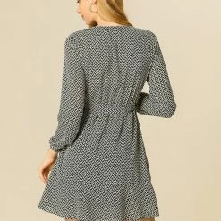 Allegra K V-neck Ruffle Hem Belted Geometric Pattern Long Sleeve Dress