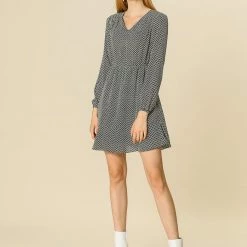 Allegra K V-neck Ruffle Hem Belted Geometric Pattern Long Sleeve Dress