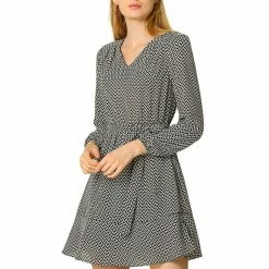 Allegra K V-neck Ruffle Hem Belted Geometric Pattern Long Sleeve Dress
