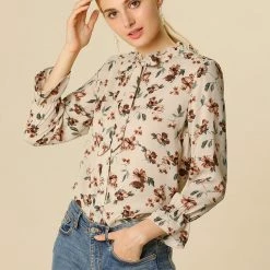 Allegra K Floral Ruffle Tie Neck Long Sleeve Blouse Women