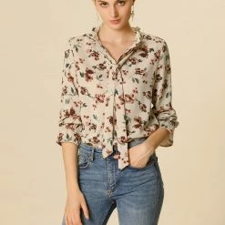 Allegra K Floral Ruffle Tie Neck Long Sleeve Blouse Women