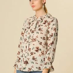 Allegra K Floral Ruffle Tie Neck Long Sleeve Blouse Women