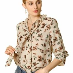 Allegra K Floral Ruffle Tie Neck Long Sleeve Blouse Women