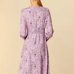 Allegra K Women's Fall Notch Lapel Shirt Dress Long Sleeve Smocked Waist Floral Dress