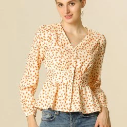 Allegra K Women's Elegant Dots V Neck Long Sleeve Top Button Peplum Blouse