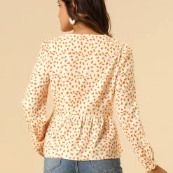 Allegra K Women's Elegant Dots V Neck Long Sleeve Top Button Peplum Blouse