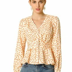 Allegra K Women's Elegant Dots V Neck Long Sleeve Top Button Peplum Blouse