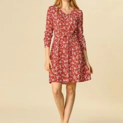 Allegra K V Neck Pleated Detail Belted Floral Dress
