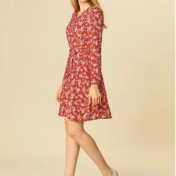 Allegra K V Neck Pleated Detail Belted Floral Dress