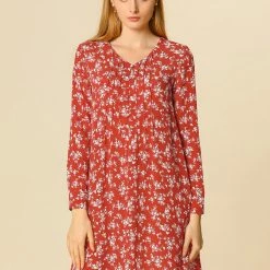 Allegra K V Neck Pleated Detail Belted Floral Dress