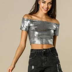 Allegra K Metallic Shiny Party Club Off Shoulder Crop Top