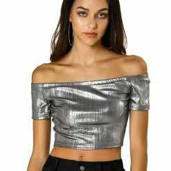 Allegra K Metallic Shiny Party Club Off Shoulder Crop Top