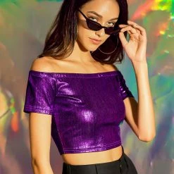 Allegra K Metallic Shiny Party Club Off Shoulder Crop Top