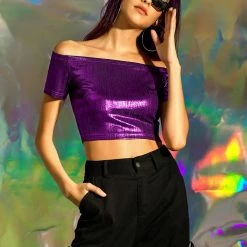Allegra K Metallic Shiny Party Club Off Shoulder Crop Top